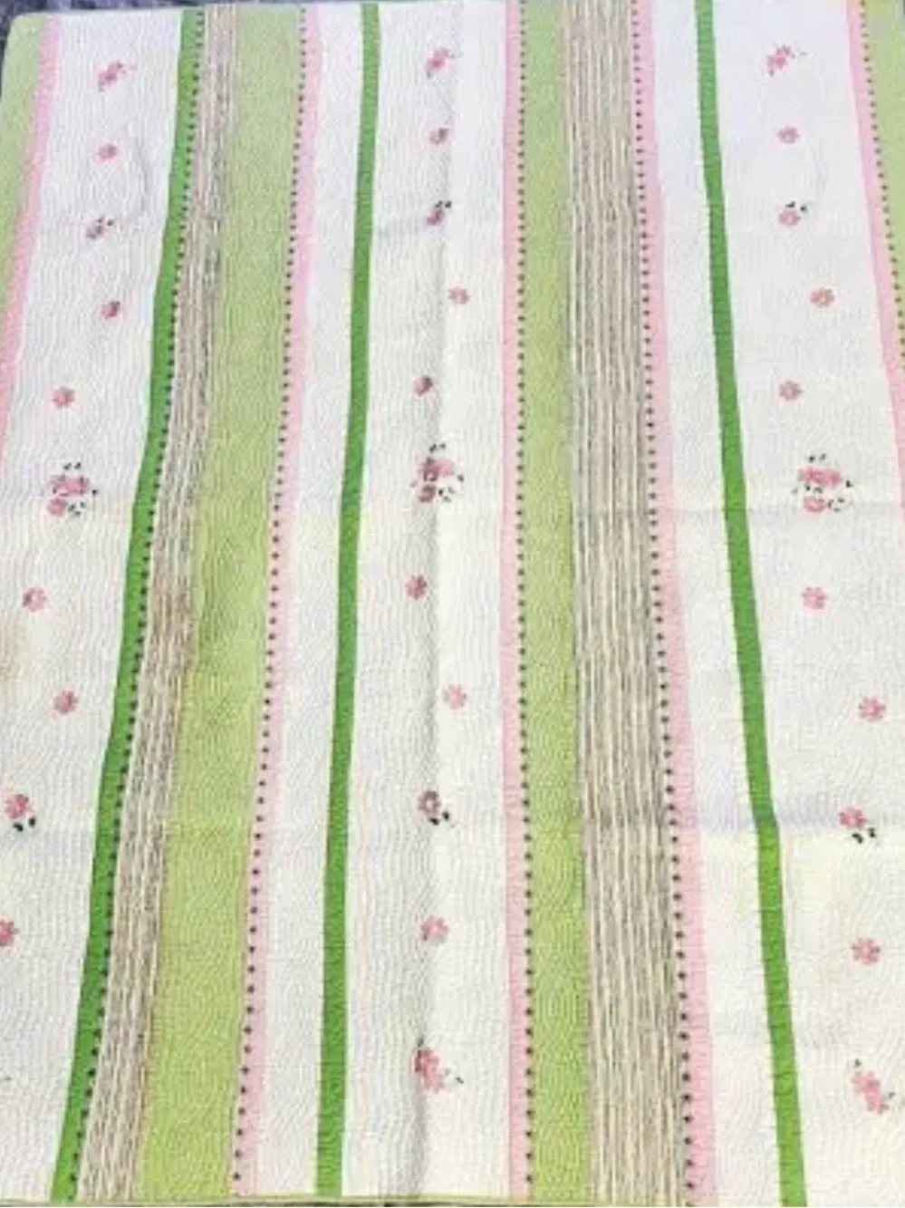 EUC Pottery Barn Pink Green White Striped Floral Quilt - Twin size